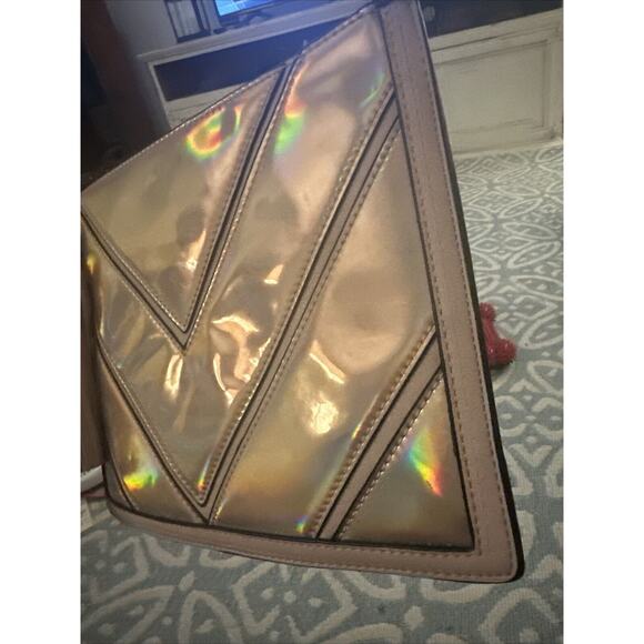 Mark Fran Faux Leather Clutch Bag Pink Iridescent Chevron Zip Tassel Bag Purse - Picture 11 of 16